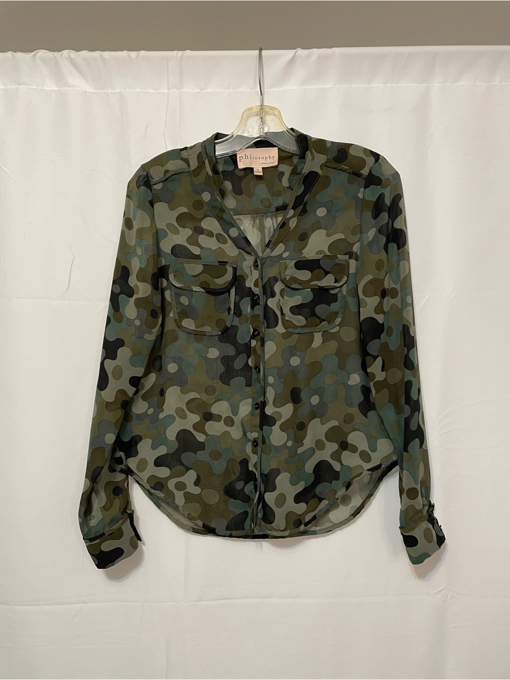 Philosophy Camo Button-Front Shirt Green and Black Womens Small
